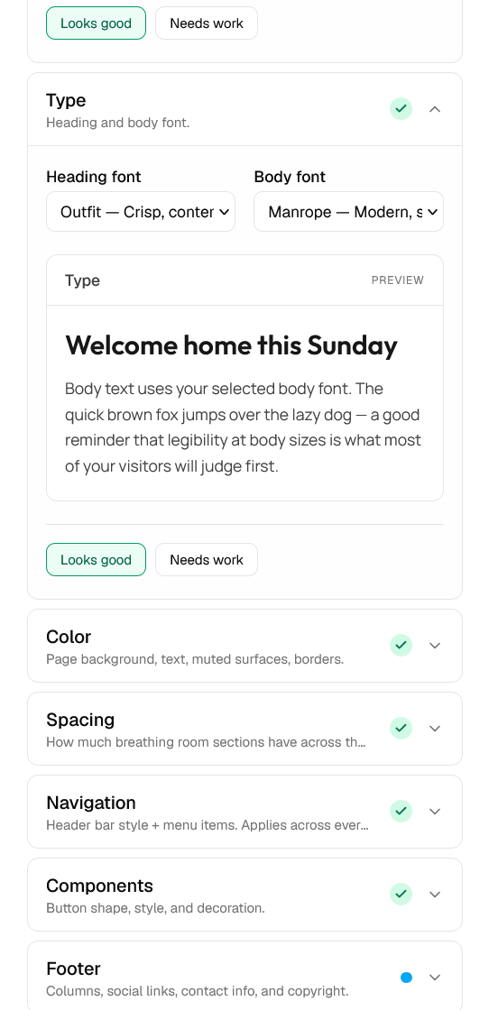 The setup checklist: type, colour, spacing, navigation, components and footer, each with a live preview