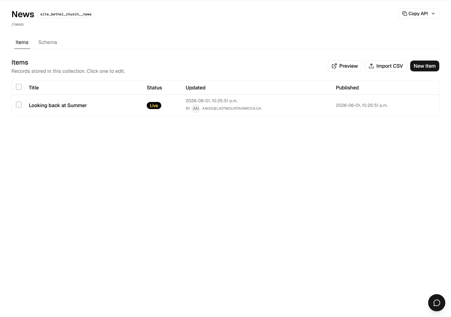 The News collection: an item list with live status, edit history, Copy API and Import CSV