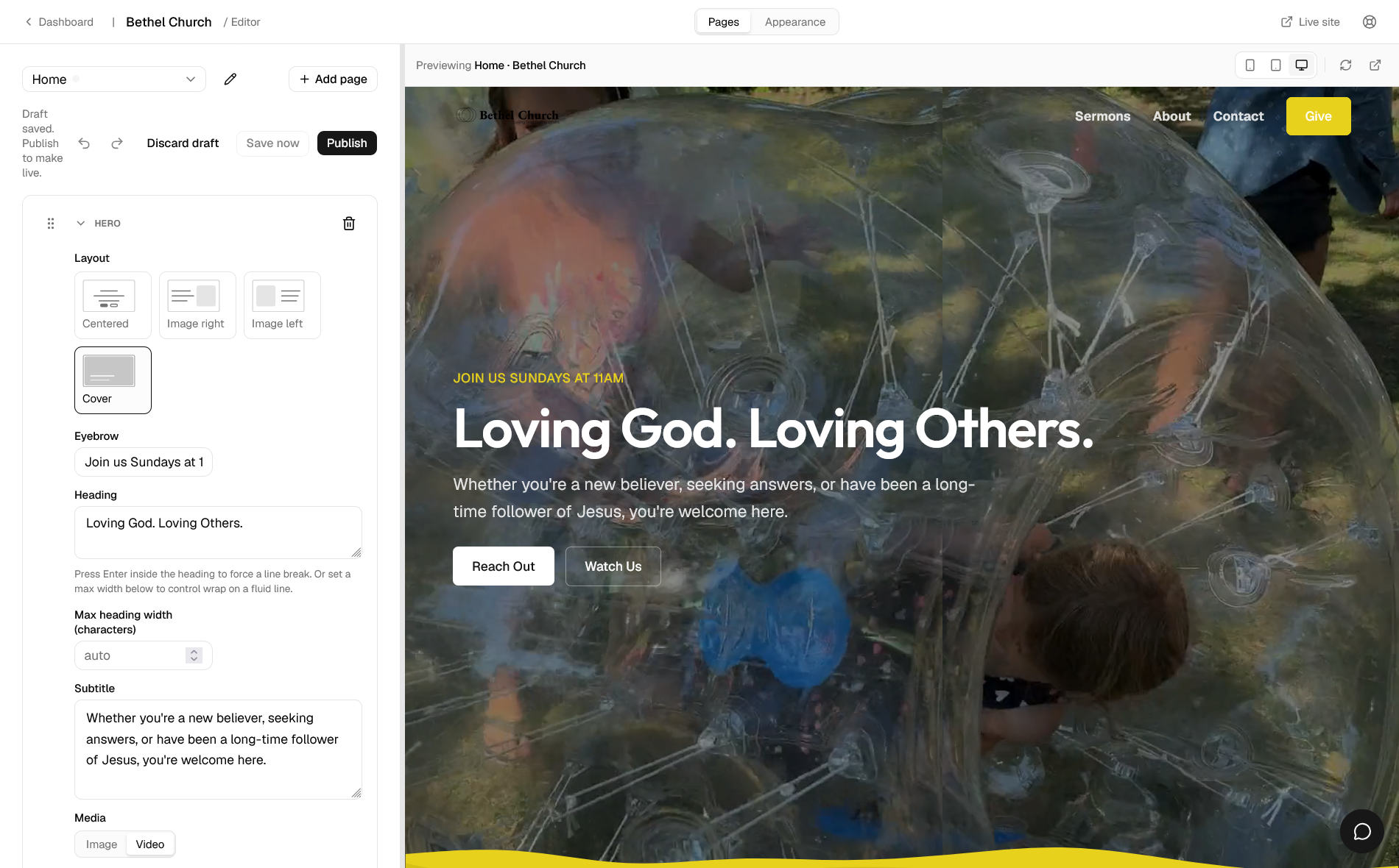 The Churchsites editor: block inspector on the left, live site preview on the right