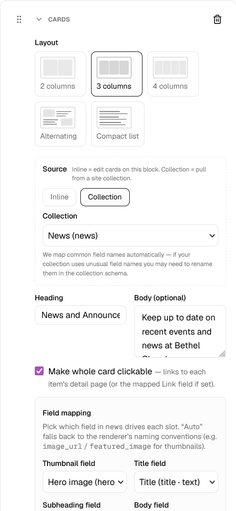 The Cards block inspector: column-count layout options, an inline-vs-collection source toggle, and field mapping