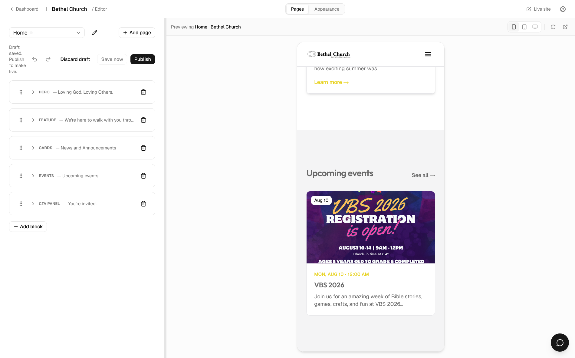 The Churchsites editor: block list on the left, live homepage preview on the right