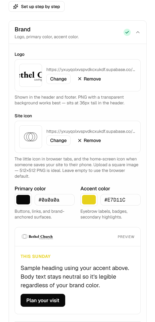 The brand setup step: logo upload, site icon, and primary and accent colour pickers with a live preview